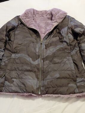 The North Face Jacket Girls L 14/16 Reversible Mossbud Swirl Green Camo Purple